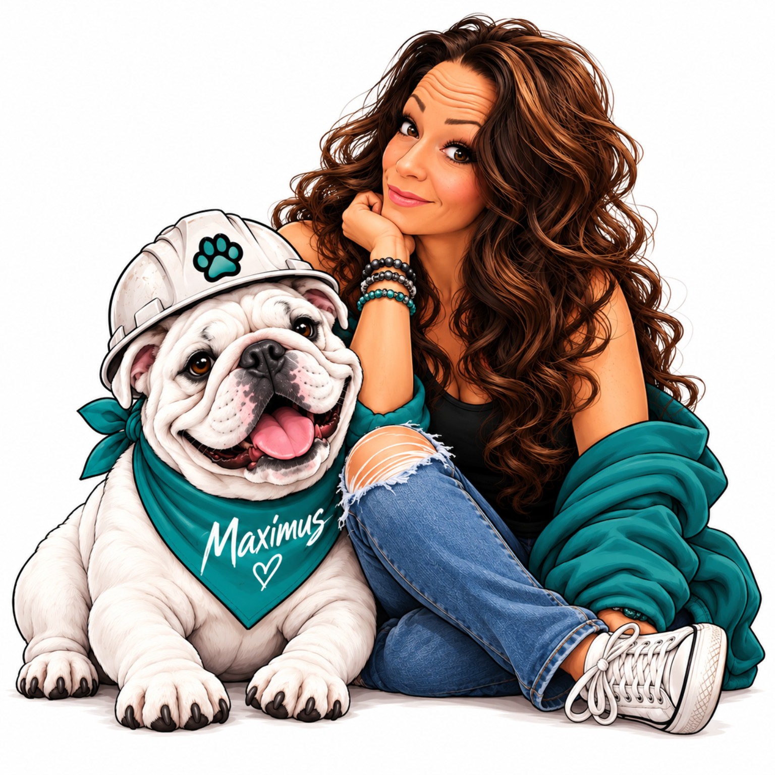 Illustration of founder Shannon with Maximus, her white bulldog, wearing a paw print hard hat