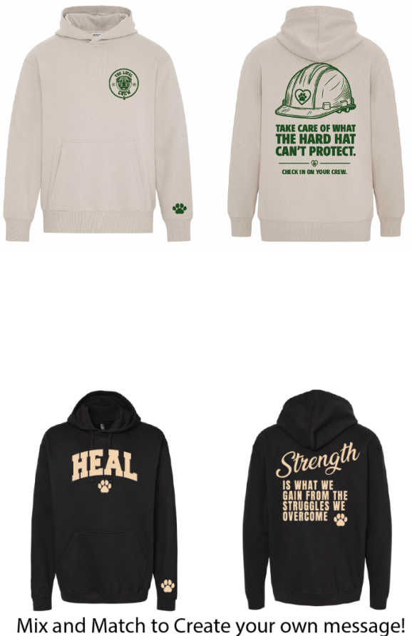 Cream Loyal Crew HEAL hoodie with a paw print and Tomorrow Needs You sleeve